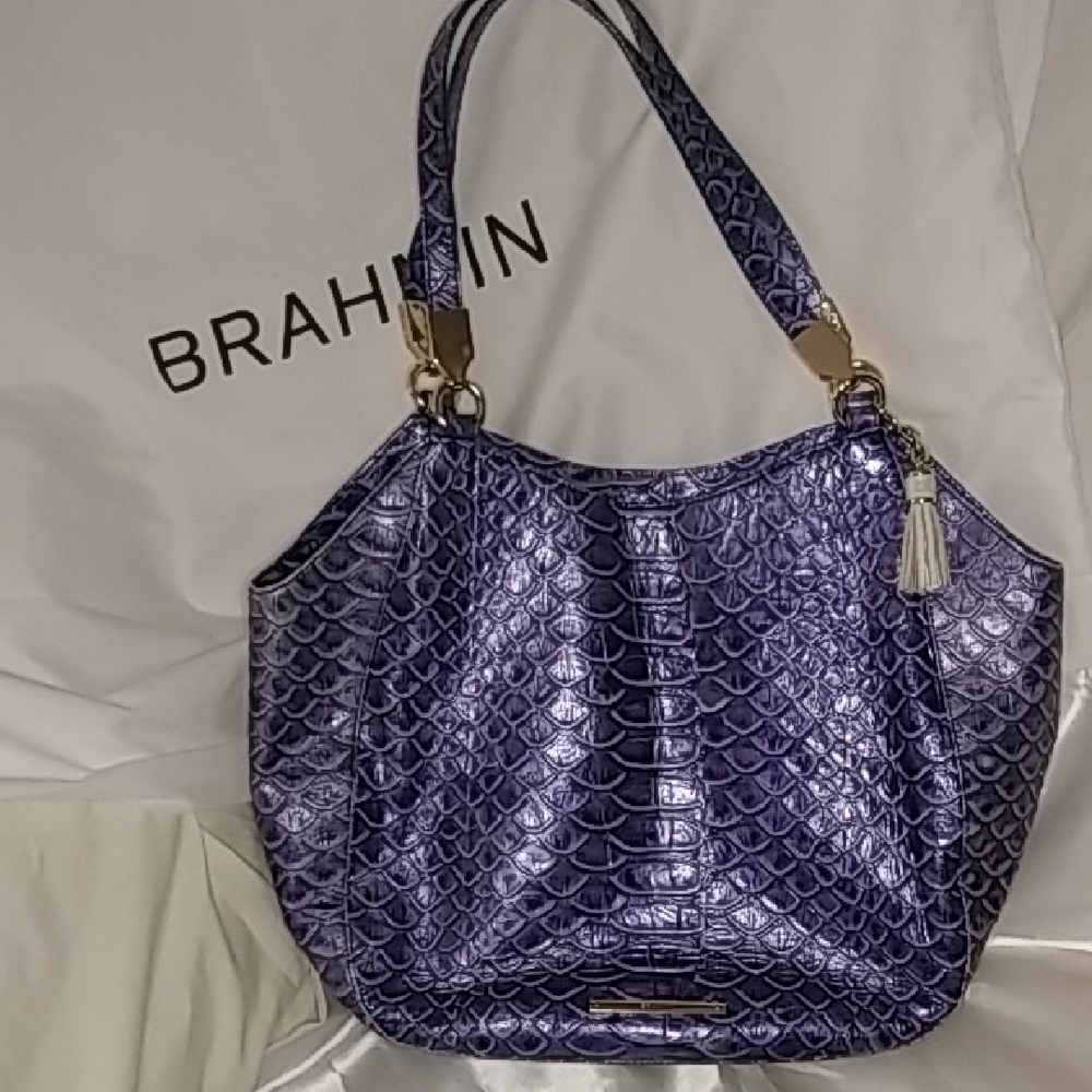 Brahmin Shimmering Blue Shoulder Bag With Gold Hardware